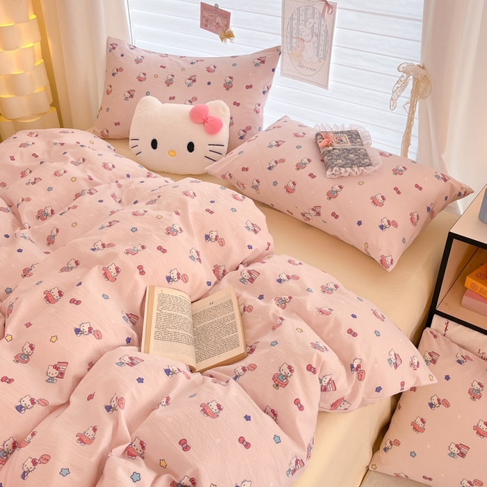 91家纺网 家纺一手货源 找家纺 海岛哥哥 2025新款高克重（110克）云感提花皱皱纱正版三丽鸥四件套系列 奶芙KT