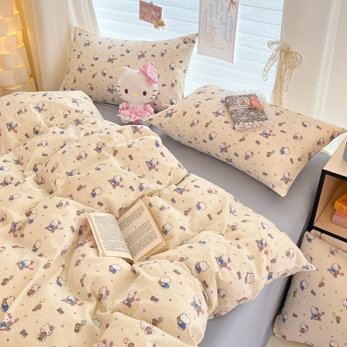 91家纺网 家纺一手货源 找家纺 海岛哥哥 2025新款高克重（110克）云感提花皱皱纱正版三丽鸥四件套系列 彩绘小奶猫