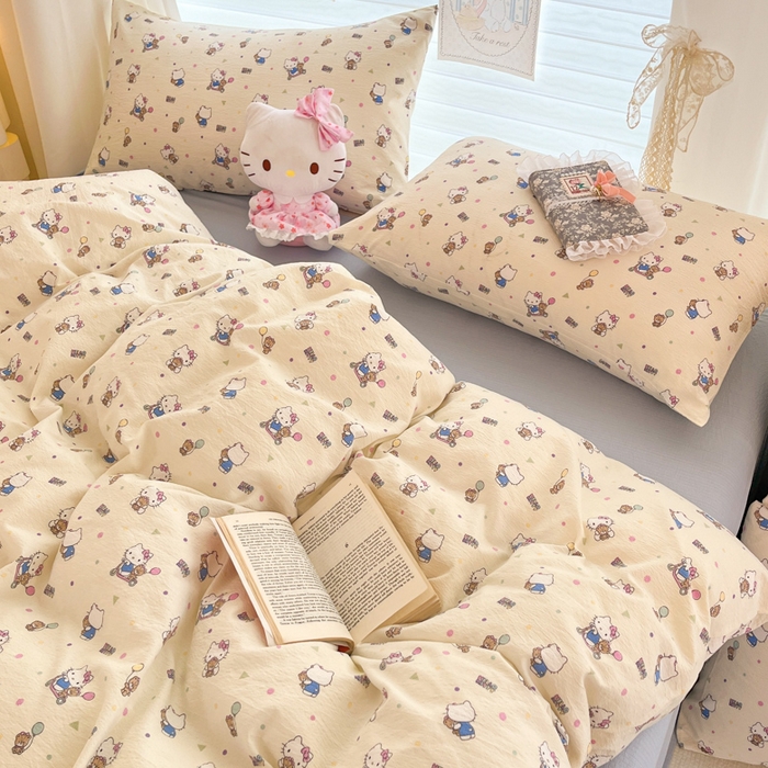 91家纺网 家纺一手货源 找家纺 海岛哥哥 2025新款高克重（110克）云感提花皱皱纱正版三丽鸥四件套系列 彩绘小奶猫