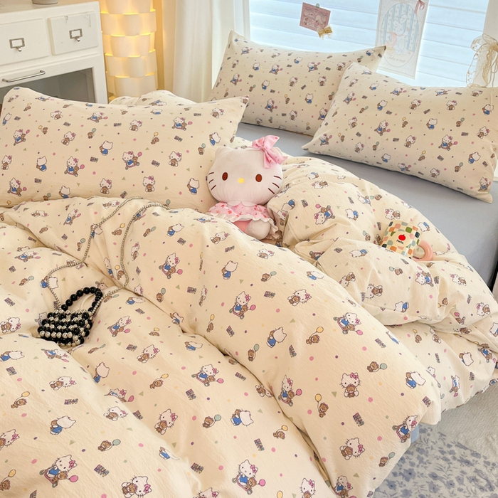 91家纺网 家纺一手货源 找家纺 海岛哥哥 2025新款高克重（110克）云感提花皱皱纱正版三丽鸥四件套系列 彩绘小奶猫