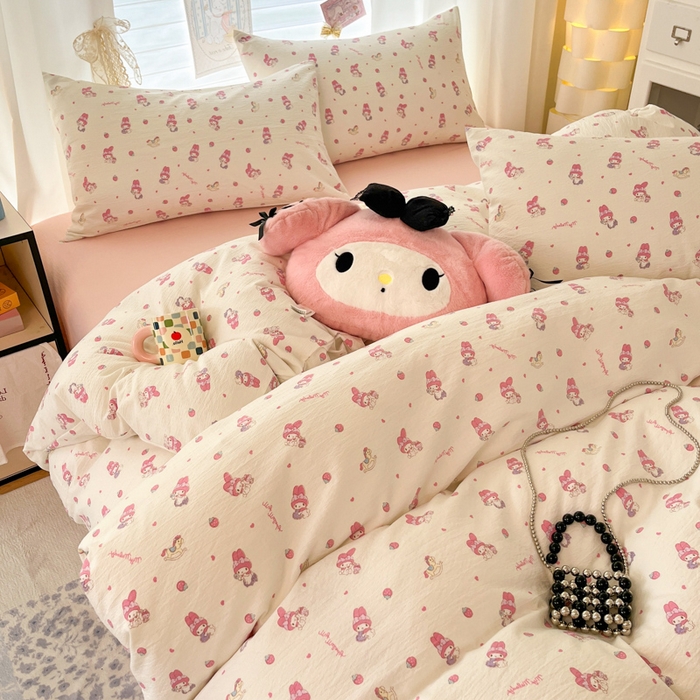 91家纺网 家纺一手货源 找家纺 海岛哥哥 2025新款高克重（110克）云感提花皱皱纱正版三丽鸥四件套系列 木马美乐蒂