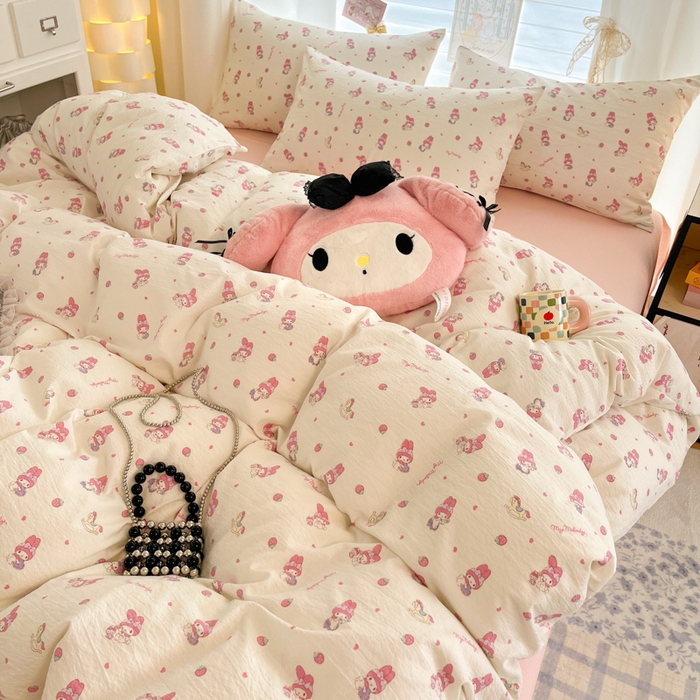 91家纺网 家纺一手货源 找家纺 海岛哥哥 2025新款高克重（110克）云感提花皱皱纱正版三丽鸥四件套系列 木马美乐蒂