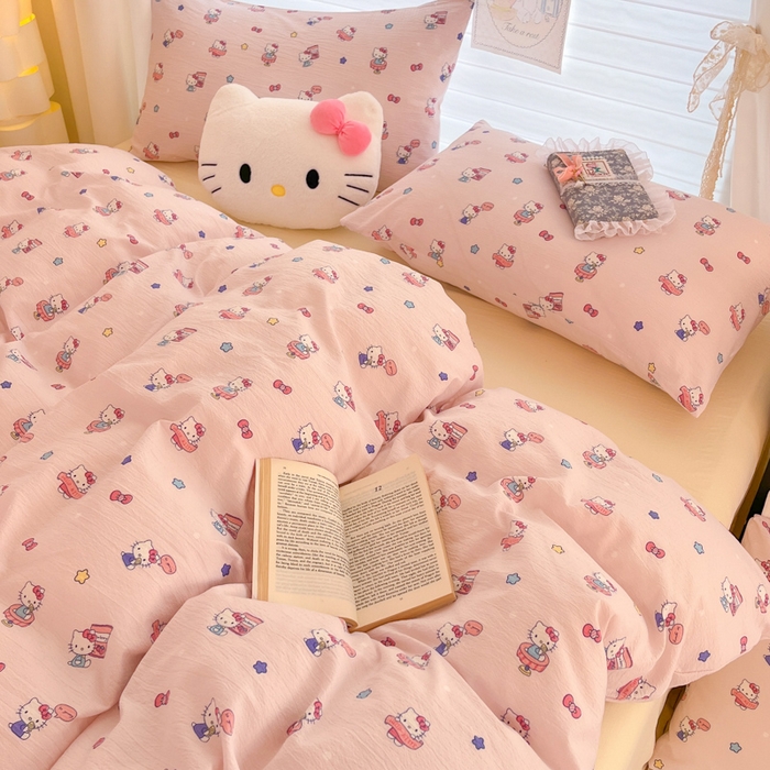 91家纺网 家纺一手货源 找家纺 海岛哥哥 2025新款高克重（110克）云感提花皱皱纱正版三丽鸥四件套系列 奶芙KT