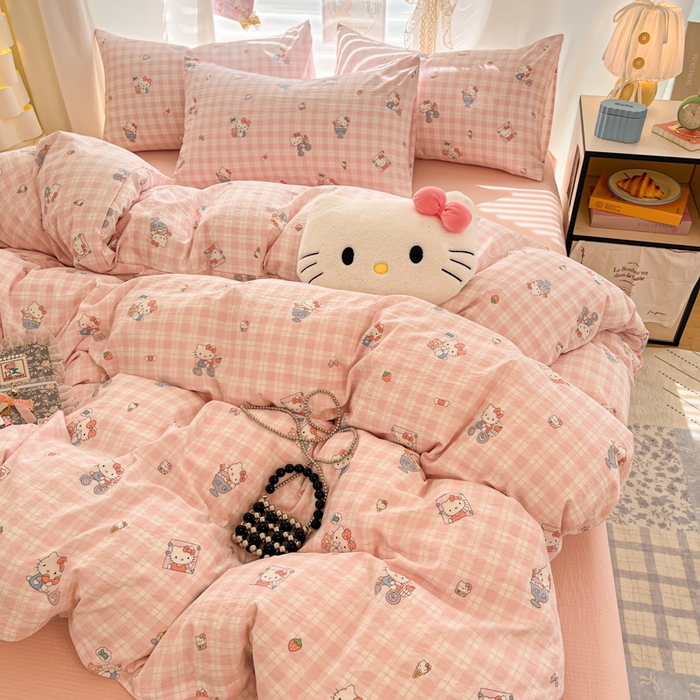 91家纺网 家纺一手货源 找家纺 海岛哥哥 2025新款高克重（110克）云感提花皱皱纱正版三丽鸥四件套系列 甜蜜电话-粉