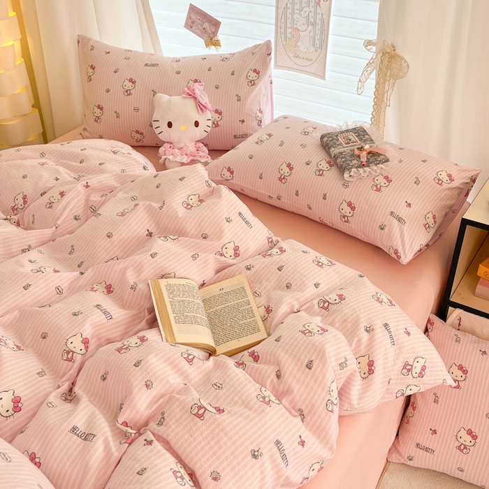 91家纺网 家纺一手货源 找家纺 海岛哥哥 2025新款高克重（110克）云感提花皱皱纱正版三丽鸥四件套系列 条纹KT