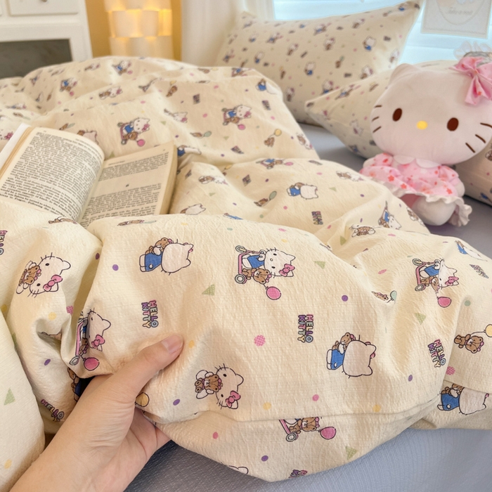 91家纺网 家纺一手货源 找家纺 海岛哥哥 2025新款高克重（110克）云感提花皱皱纱正版三丽鸥四件套系列 彩绘小奶猫