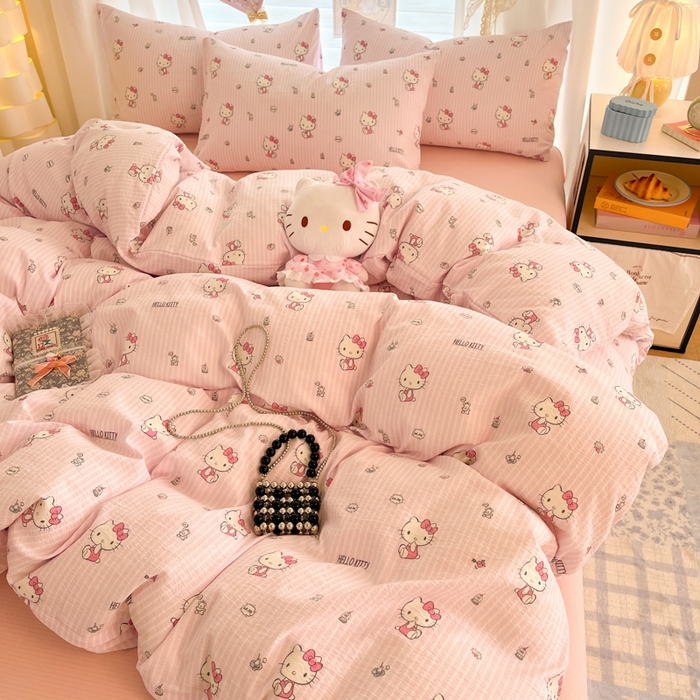 91家纺网 家纺一手货源 找家纺 海岛哥哥 2025新款高克重（110克）云感提花皱皱纱正版三丽鸥四件套系列 条纹KT