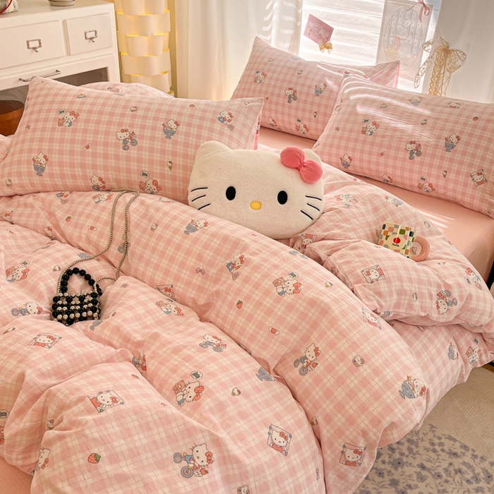 91家纺网 家纺一手货源 找家纺 海岛哥哥 2025新款高克重（110克）云感提花皱皱纱正版三丽鸥四件套系列 甜蜜电话-粉