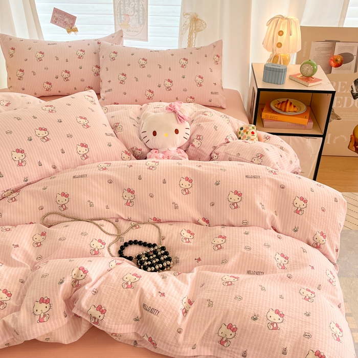 91家纺网 家纺一手货源 找家纺 海岛哥哥 2025新款高克重（110克）云感提花皱皱纱正版三丽鸥四件套系列 条纹KT