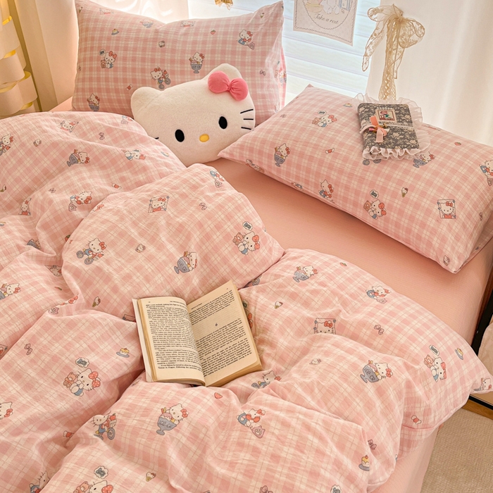 91家纺网 家纺一手货源 找家纺 海岛哥哥 2025新款高克重（110克）云感提花皱皱纱正版三丽鸥四件套系列 甜蜜电话-粉