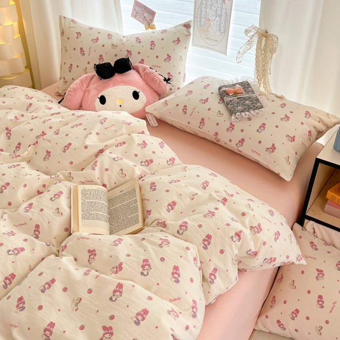 91家纺网 家纺一手货源 找家纺 海岛哥哥 2025新款高克重（110克）云感提花皱皱纱正版三丽鸥四件套系列 木马美乐蒂