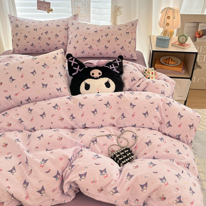 91家纺网 家纺一手货源 找家纺 海岛哥哥 2025新款高克重（110克）云感提花皱皱纱正版三丽鸥四件套系列 时尚库洛米