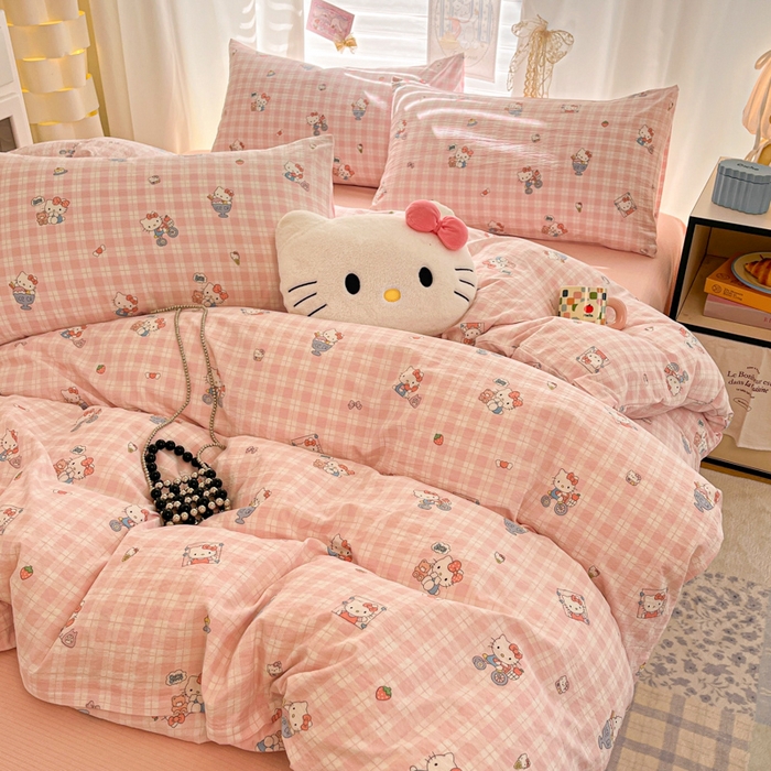 91家纺网 家纺一手货源 找家纺 海岛哥哥 2025新款高克重（110克）云感提花皱皱纱正版三丽鸥四件套系列 甜蜜电话-粉