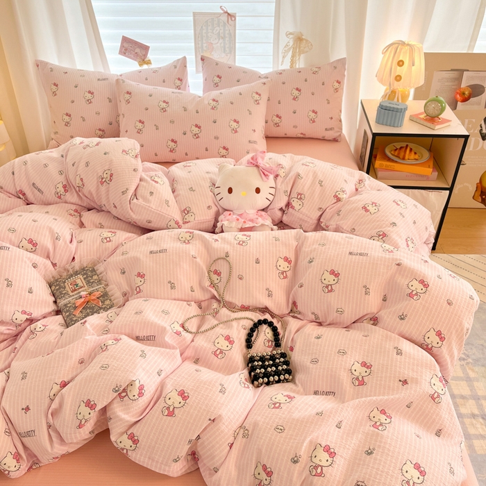 海岛哥哥 2025新款高克重（110克）云感提花皱皱纱正版三丽鸥四件套系列 条纹KT