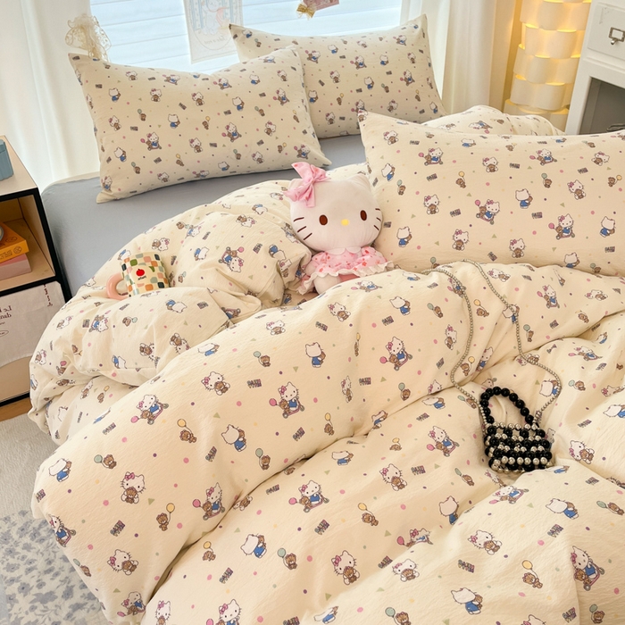 91家纺网 家纺一手货源 找家纺 海岛哥哥 2025新款高克重（110克）云感提花皱皱纱正版三丽鸥四件套系列 彩绘小奶猫