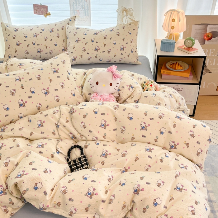 91家纺网 家纺一手货源 找家纺 海岛哥哥 2025新款高克重（110克）云感提花皱皱纱正版三丽鸥四件套系列 彩绘小奶猫