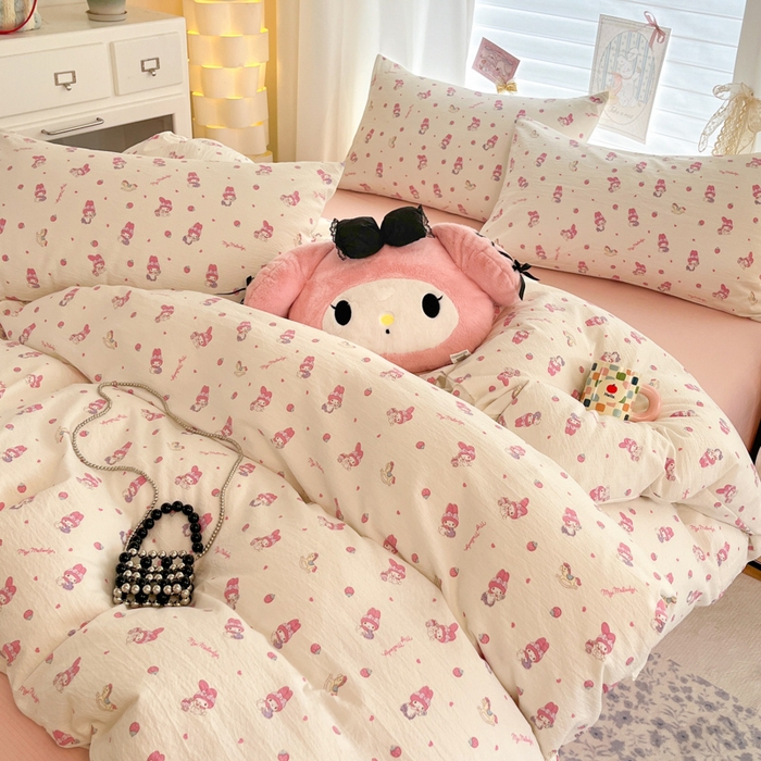 91家纺网 家纺一手货源 找家纺 海岛哥哥 2025新款高克重（110克）云感提花皱皱纱正版三丽鸥四件套系列 木马美乐蒂