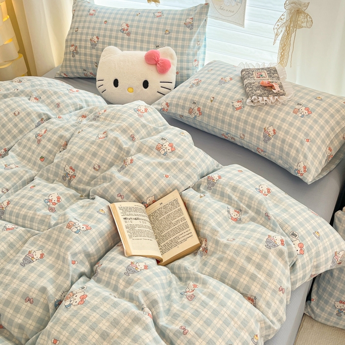 91家纺网 家纺一手货源 找家纺 海岛哥哥 2025新款高克重（110克）云感提花皱皱纱正版三丽鸥四件套系列 甜蜜电话-蓝