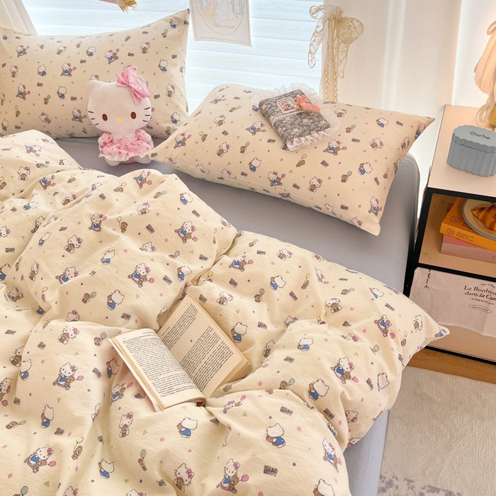 91家纺网 家纺一手货源 找家纺 海岛哥哥 2025新款高克重（110克）云感提花皱皱纱正版三丽鸥四件套系列 彩绘小奶猫