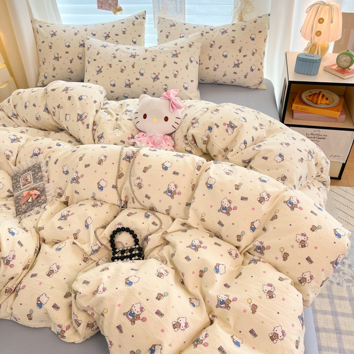 91家纺网 家纺一手货源 找家纺 海岛哥哥 2025新款高克重（110克）云感提花皱皱纱正版三丽鸥四件套系列 彩绘小奶猫