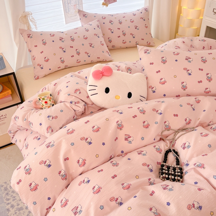 91家纺网 家纺一手货源 找家纺 海岛哥哥 2025新款高克重（110克）云感提花皱皱纱正版三丽鸥四件套系列 奶芙KT