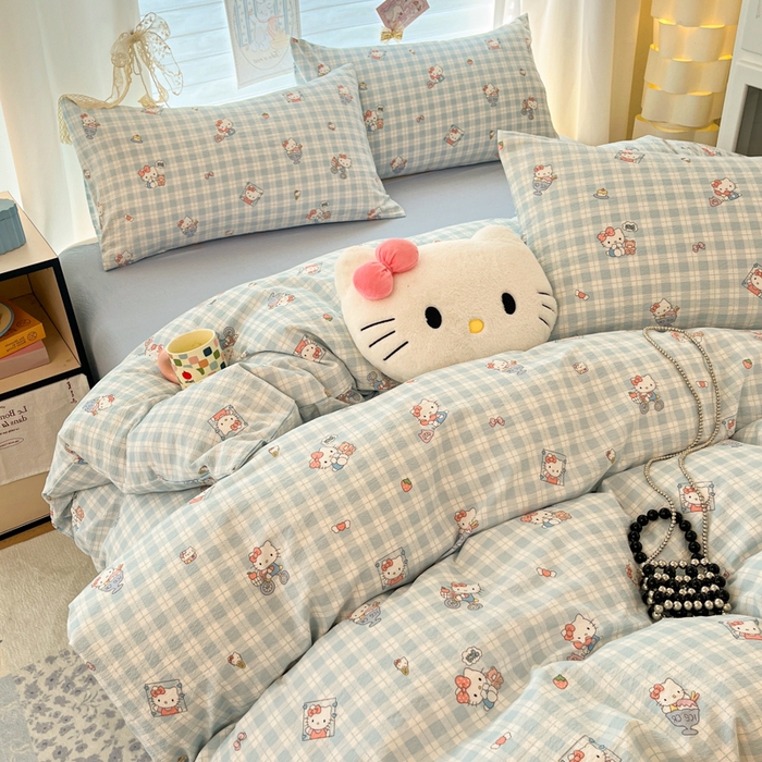 91家纺网 家纺一手货源 找家纺 海岛哥哥 2025新款高克重（110克）云感提花皱皱纱正版三丽鸥四件套系列 甜蜜电话-蓝