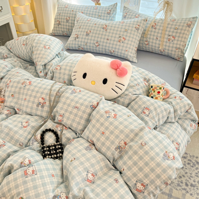 91家纺网 家纺一手货源 找家纺 海岛哥哥 2025新款高克重（110克）云感提花皱皱纱正版三丽鸥四件套系列 甜蜜电话-蓝