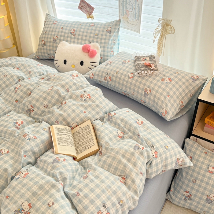 91家纺网 家纺一手货源 找家纺 海岛哥哥 2025新款高克重（110克）云感提花皱皱纱正版三丽鸥四件套系列 甜蜜电话-蓝