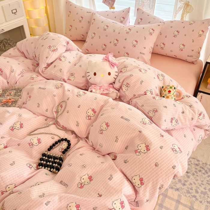 91家纺网 家纺一手货源 找家纺 海岛哥哥 2025新款高克重（110克）云感提花皱皱纱正版三丽鸥四件套系列 条纹KT