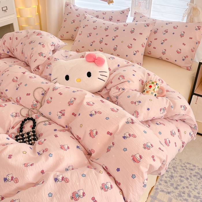 91家纺网 家纺一手货源 找家纺 海岛哥哥 2025新款高克重（110克）云感提花皱皱纱正版三丽鸥四件套系列 奶芙KT