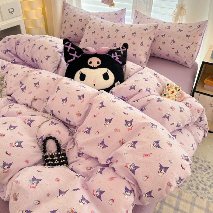 91家纺网 家纺一手货源 找家纺 海岛哥哥 2025新款高克重（110克）云感提花皱皱纱正版三丽鸥四件套系列 时尚库洛米