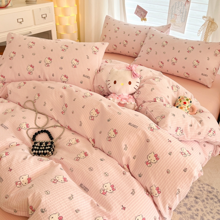 91家纺网 家纺一手货源 找家纺 海岛哥哥 2025新款高克重（110克）云感提花皱皱纱正版三丽鸥四件套系列 条纹KT