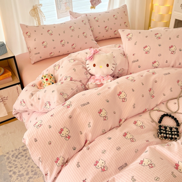 91家纺网 家纺一手货源 找家纺 海岛哥哥 2025新款高克重（110克）云感提花皱皱纱正版三丽鸥四件套系列 条纹KT