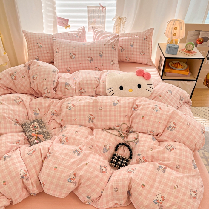 91家纺网 家纺一手货源 找家纺 海岛哥哥 2025新款高克重（110克）云感提花皱皱纱正版三丽鸥四件套系列 甜蜜电话-粉