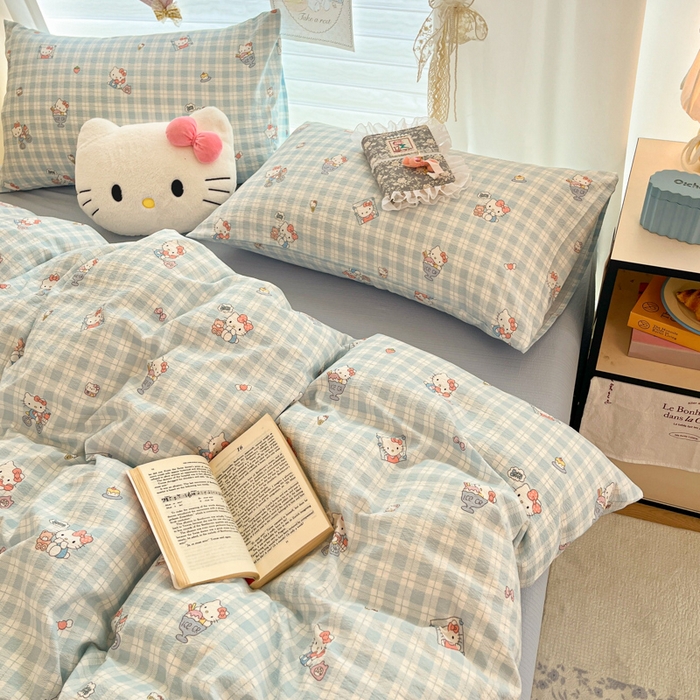 91家纺网 家纺一手货源 找家纺 海岛哥哥 2025新款高克重（110克）云感提花皱皱纱正版三丽鸥四件套系列 甜蜜电话-蓝