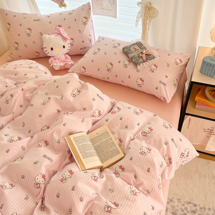 91家纺网 家纺一手货源 找家纺 海岛哥哥 2025新款高克重（110克）云感提花皱皱纱正版三丽鸥四件套系列 条纹KT