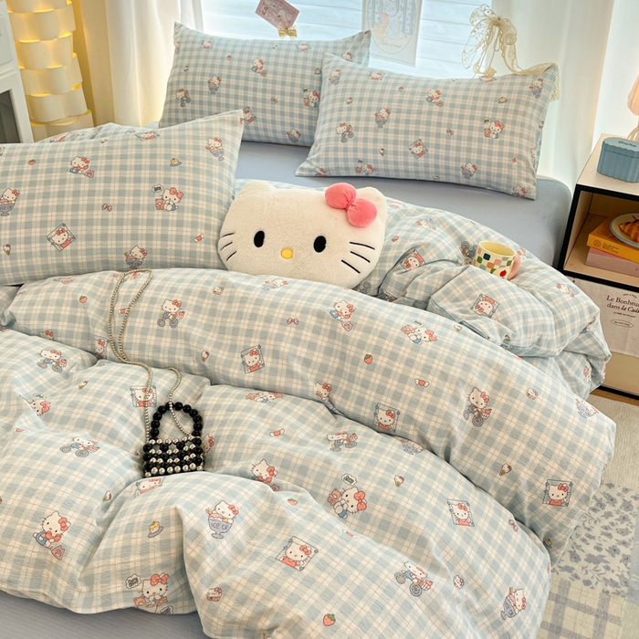 91家纺网 家纺一手货源 找家纺 海岛哥哥 2025新款高克重（110克）云感提花皱皱纱正版三丽鸥四件套系列 甜蜜电话-蓝