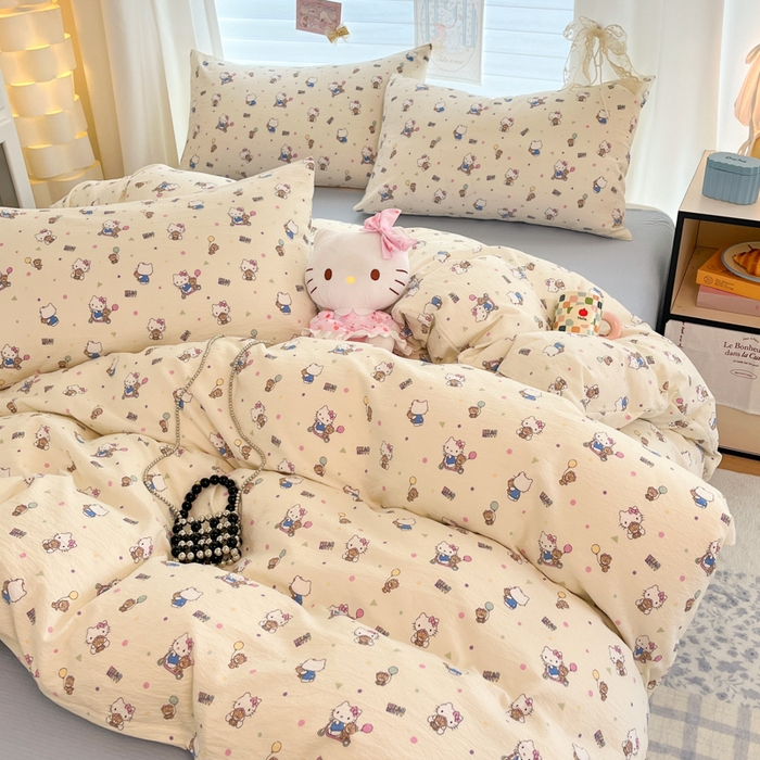 91家纺网 家纺一手货源 找家纺 海岛哥哥 2025新款高克重（110克）云感提花皱皱纱正版三丽鸥四件套系列 彩绘小奶猫