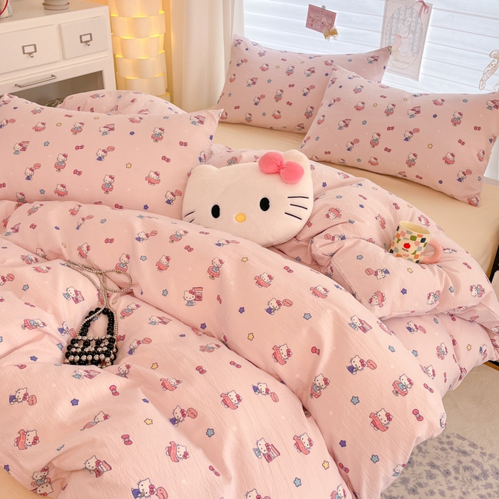 91家纺网 家纺一手货源 找家纺 海岛哥哥 2025新款高克重（110克）云感提花皱皱纱正版三丽鸥四件套系列 奶芙KT