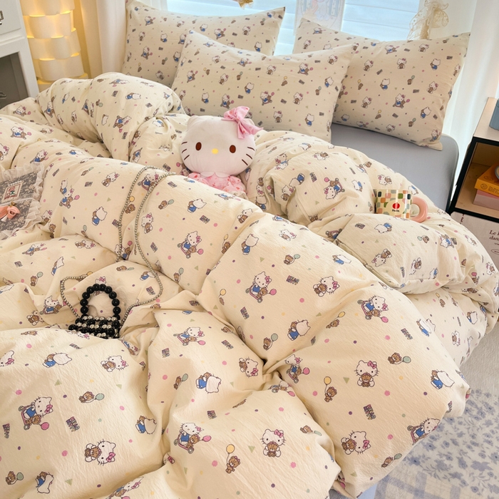 91家纺网 家纺一手货源 找家纺 海岛哥哥 2025新款高克重（110克）云感提花皱皱纱正版三丽鸥四件套系列 彩绘小奶猫