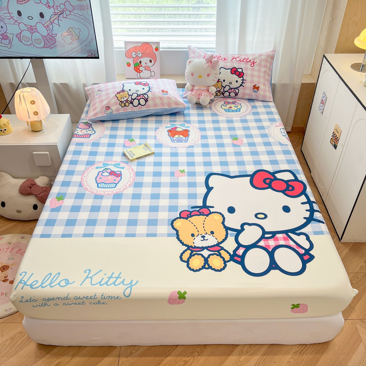 暮思家居 2025新款正版授权三丽鸥大阪全棉数码印花纯棉单品床笠床笠单件单床笠（专版花型） 棉A版-格子KT