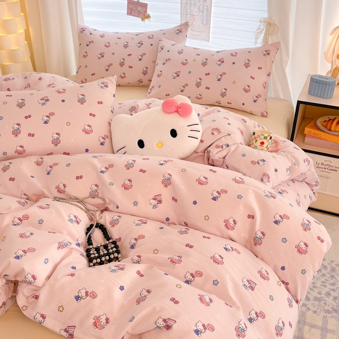 91家纺网 家纺一手货源 找家纺 海岛哥哥 2025新款高克重（110克）云感提花皱皱纱正版三丽鸥四件套系列 奶芙KT