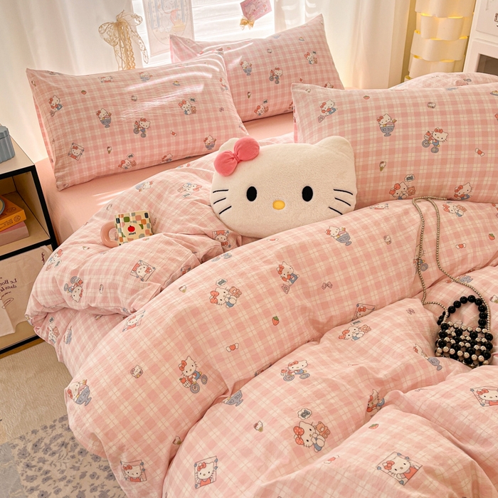 91家纺网 家纺一手货源 找家纺 海岛哥哥 2025新款高克重（110克）云感提花皱皱纱正版三丽鸥四件套系列 甜蜜电话-粉