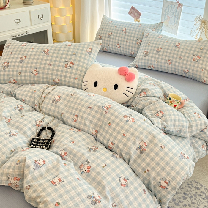 91家纺网 家纺一手货源 找家纺 海岛哥哥 2025新款高克重（110克）云感提花皱皱纱正版三丽鸥四件套系列 甜蜜电话-蓝