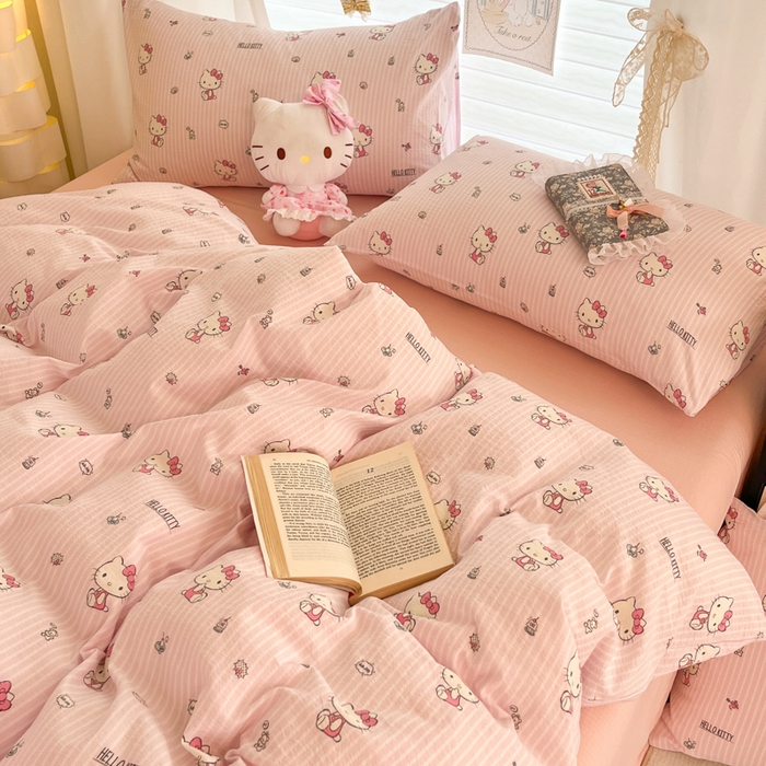 91家纺网 家纺一手货源 找家纺 海岛哥哥 2025新款高克重（110克）云感提花皱皱纱正版三丽鸥四件套系列 条纹KT