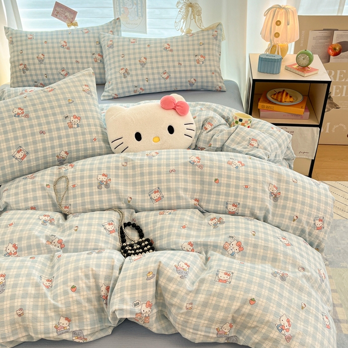 91家纺网 家纺一手货源 找家纺 海岛哥哥 2025新款高克重（110克）云感提花皱皱纱正版三丽鸥四件套系列 甜蜜电话-蓝