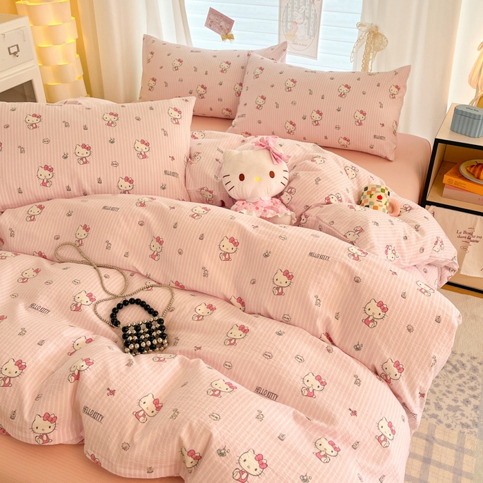 91家纺网 家纺一手货源 找家纺 海岛哥哥 2025新款高克重（110克）云感提花皱皱纱正版三丽鸥四件套系列 条纹KT