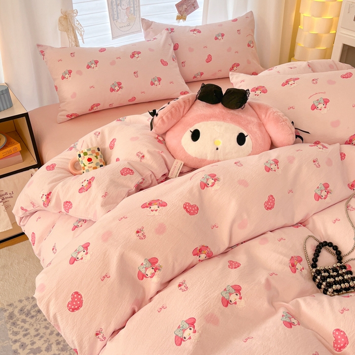 91家纺网 家纺一手货源 找家纺 海岛哥哥 2025新款高克重（110克）云感提花皱皱纱正版三丽鸥四件套系列 童趣美乐蒂