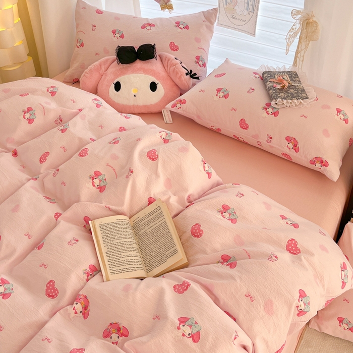 91家纺网 家纺一手货源 找家纺 海岛哥哥 2025新款高克重（110克）云感提花皱皱纱正版三丽鸥四件套系列 童趣美乐蒂