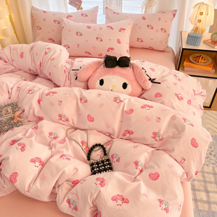 91家纺网 家纺一手货源 找家纺 海岛哥哥 2025新款高克重（110克）云感提花皱皱纱正版三丽鸥四件套系列 童趣美乐蒂